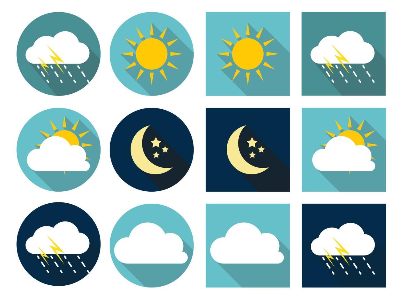 väderikoner med sol, moln, regn och måne i platt stil vektor