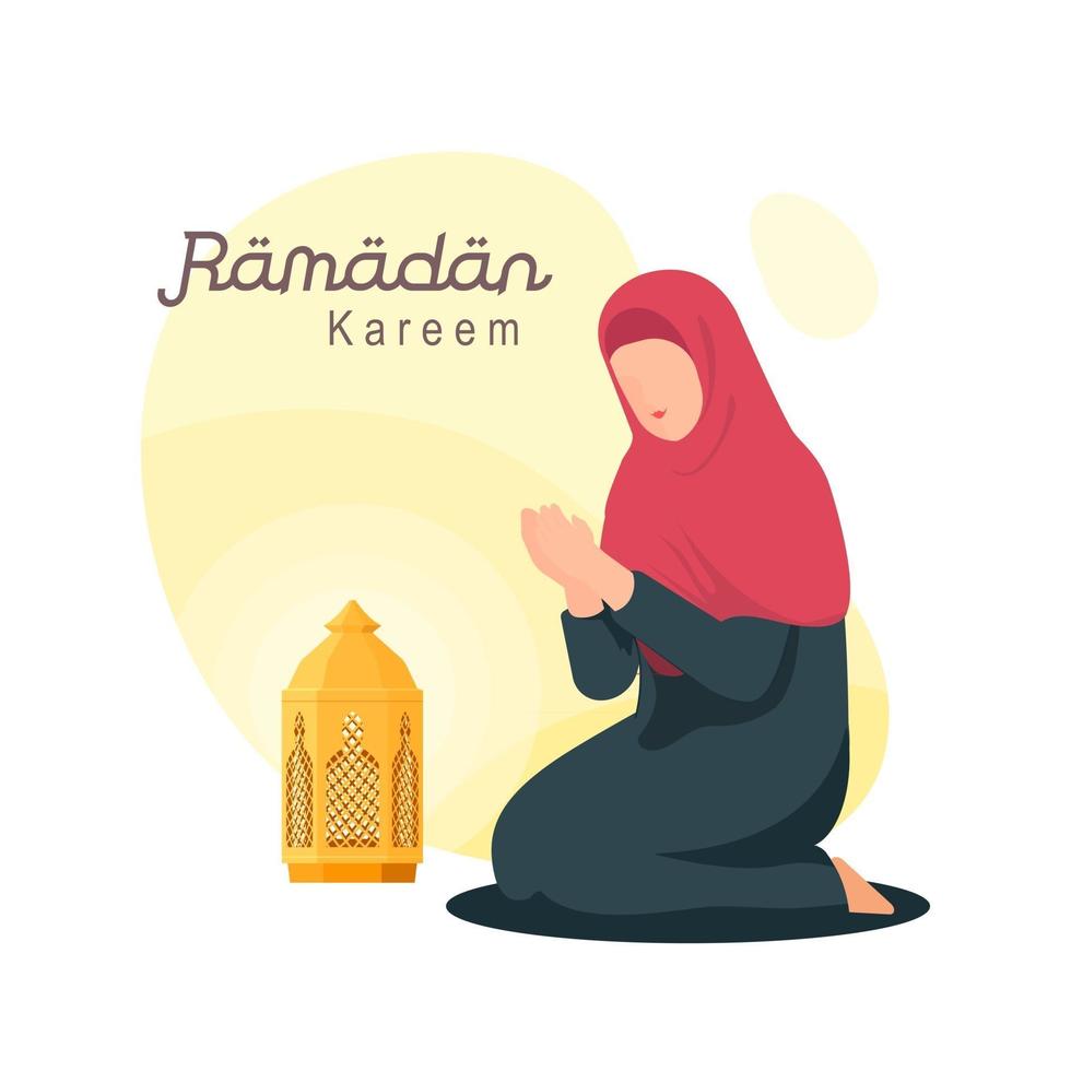 Ramadan Kareem mit Frauen-Hijab-Charakter, die zu Gott beten. vektor