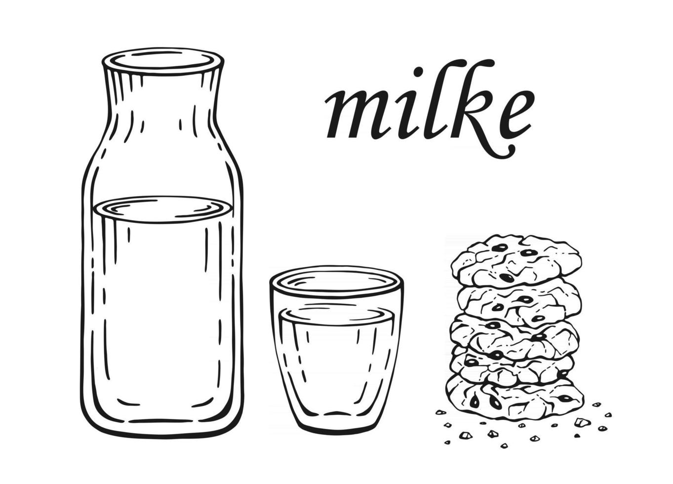 Flasche und Glas Milch- und Haferkekse. handgezeichnete Abbildung. vektor