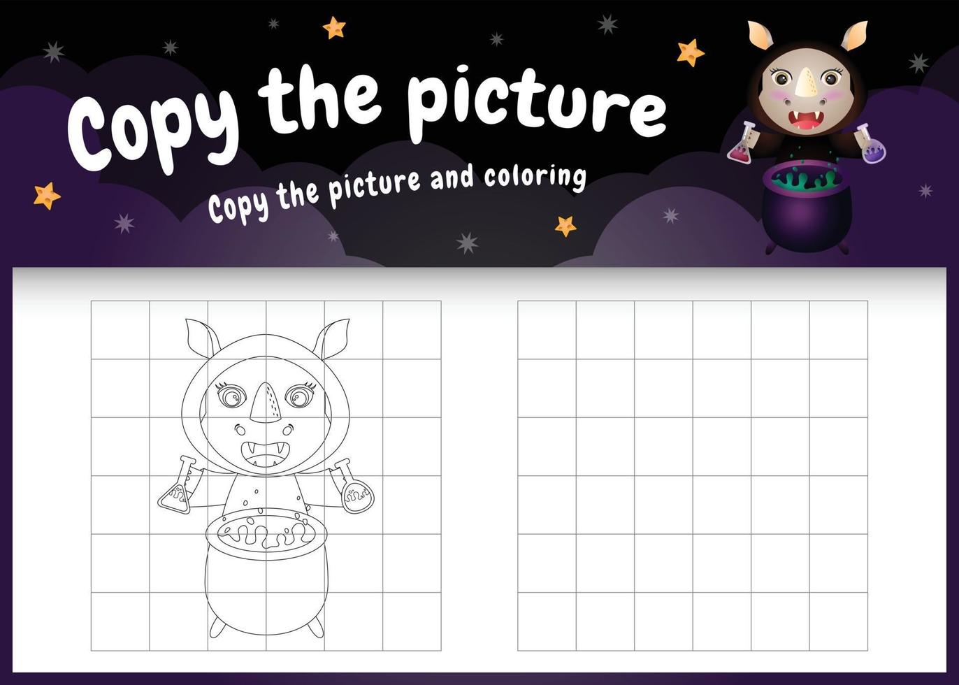 kopiera bilden barn spel och målarbok med en söt noshörning vektor