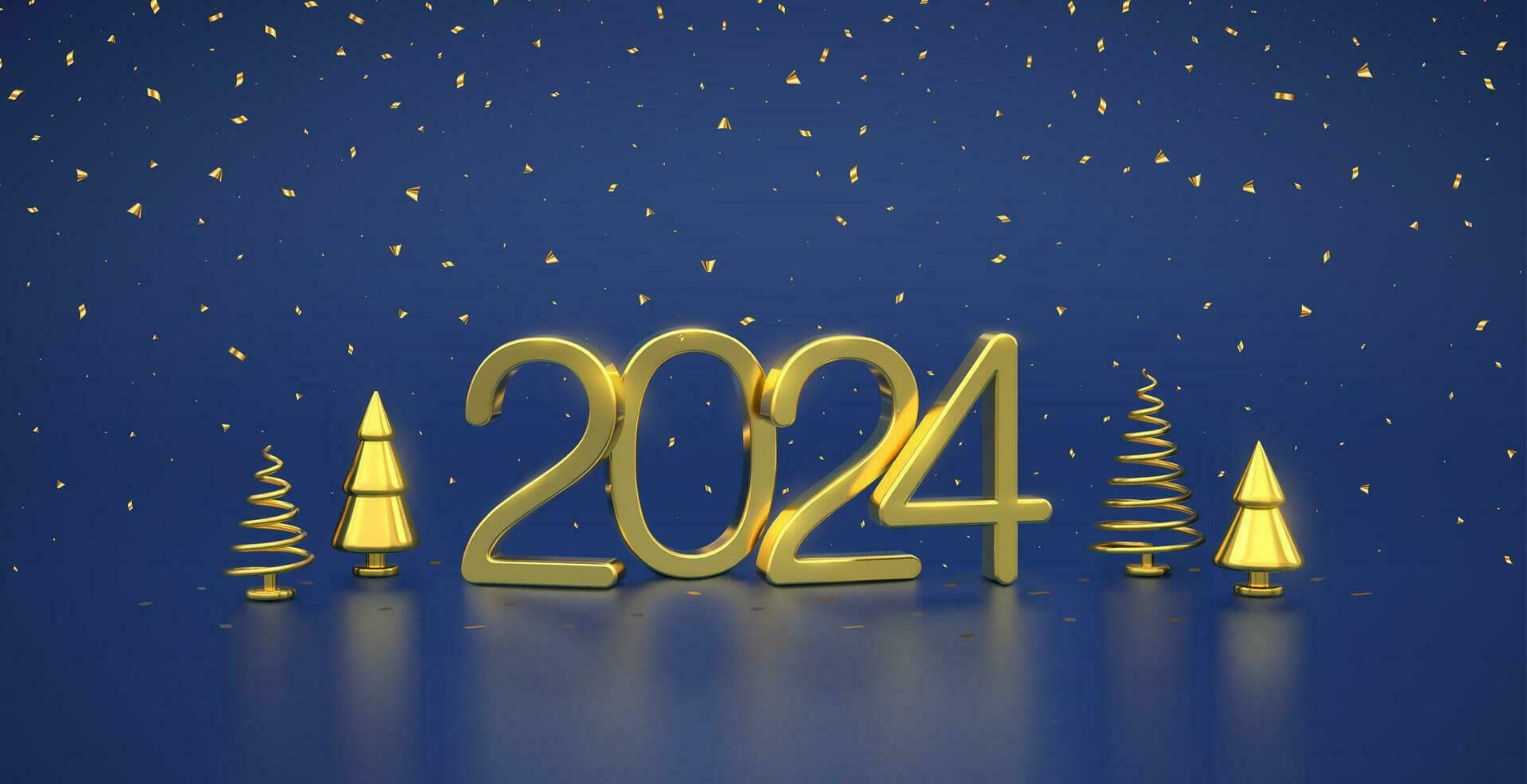 glücklich Neu 2024 Jahr. 3d golden metallisch Zahlen 2024 mit Gold metallisch Kegel gestalten Kiefer, Fichte Bäume und Konfetti auf Blau Hintergrund. Weihnachten Hintergrund, Karte, Header. realistisch Vektor Illustration.