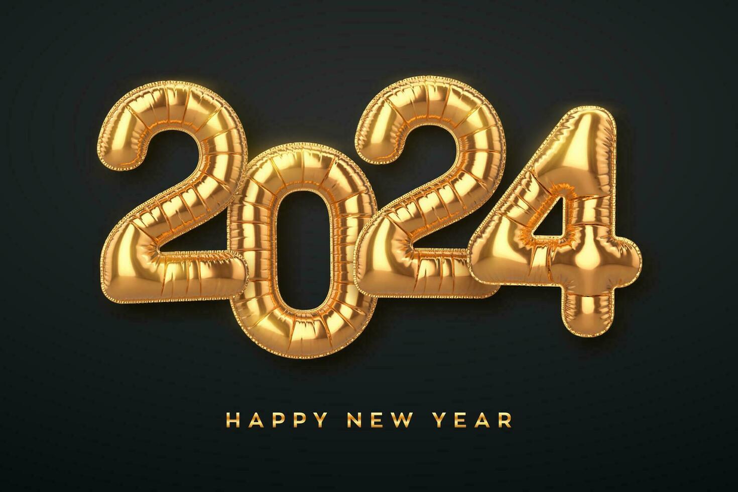 Lycklig ny 2024 år. gyllene folie ballong tal på svart bakgrund. hög detaljerad 3d realistisk guld folie helium ballonger. glad jul och Lycklig ny år 2024 hälsning kort. vektor illustration.
