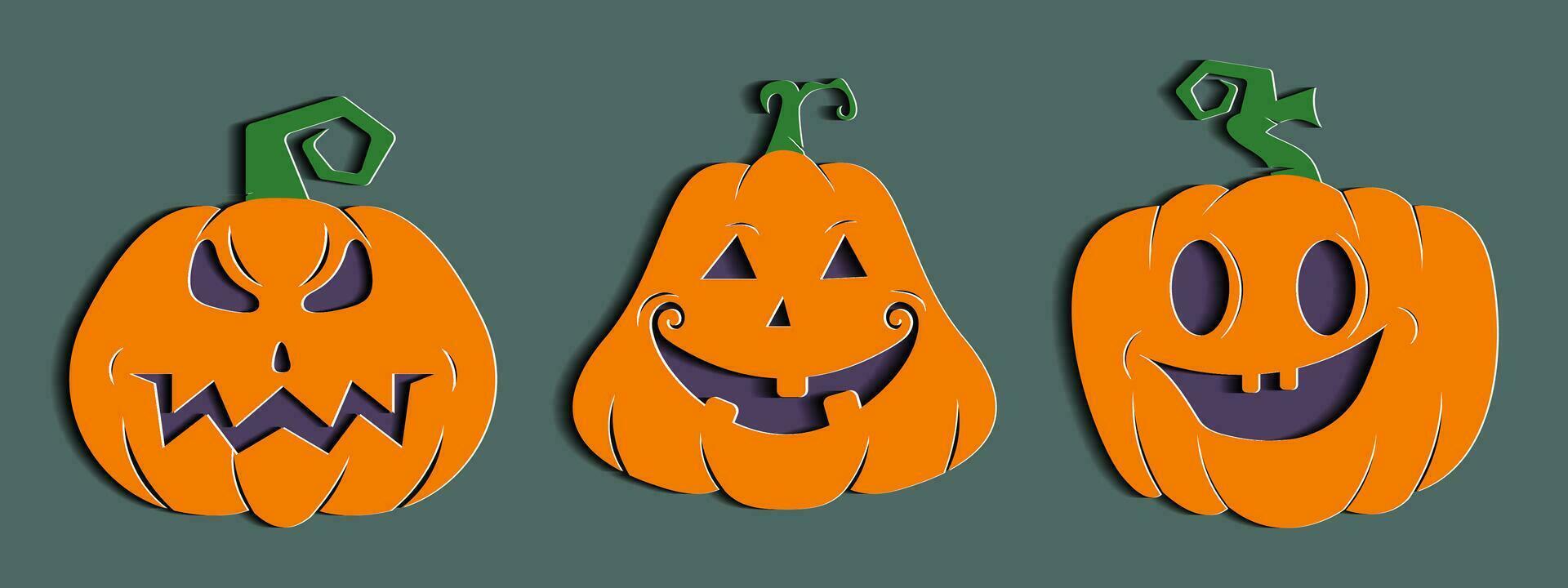 Halloween Kürbis einstellen mit einzigartig Ausdruck im Papier Schnitt Stil. vektor