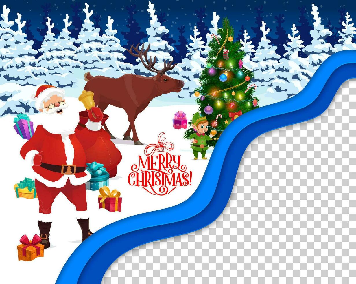 Karikatur Santa mit Glocke, Rentier und Kiefer Baum vektor