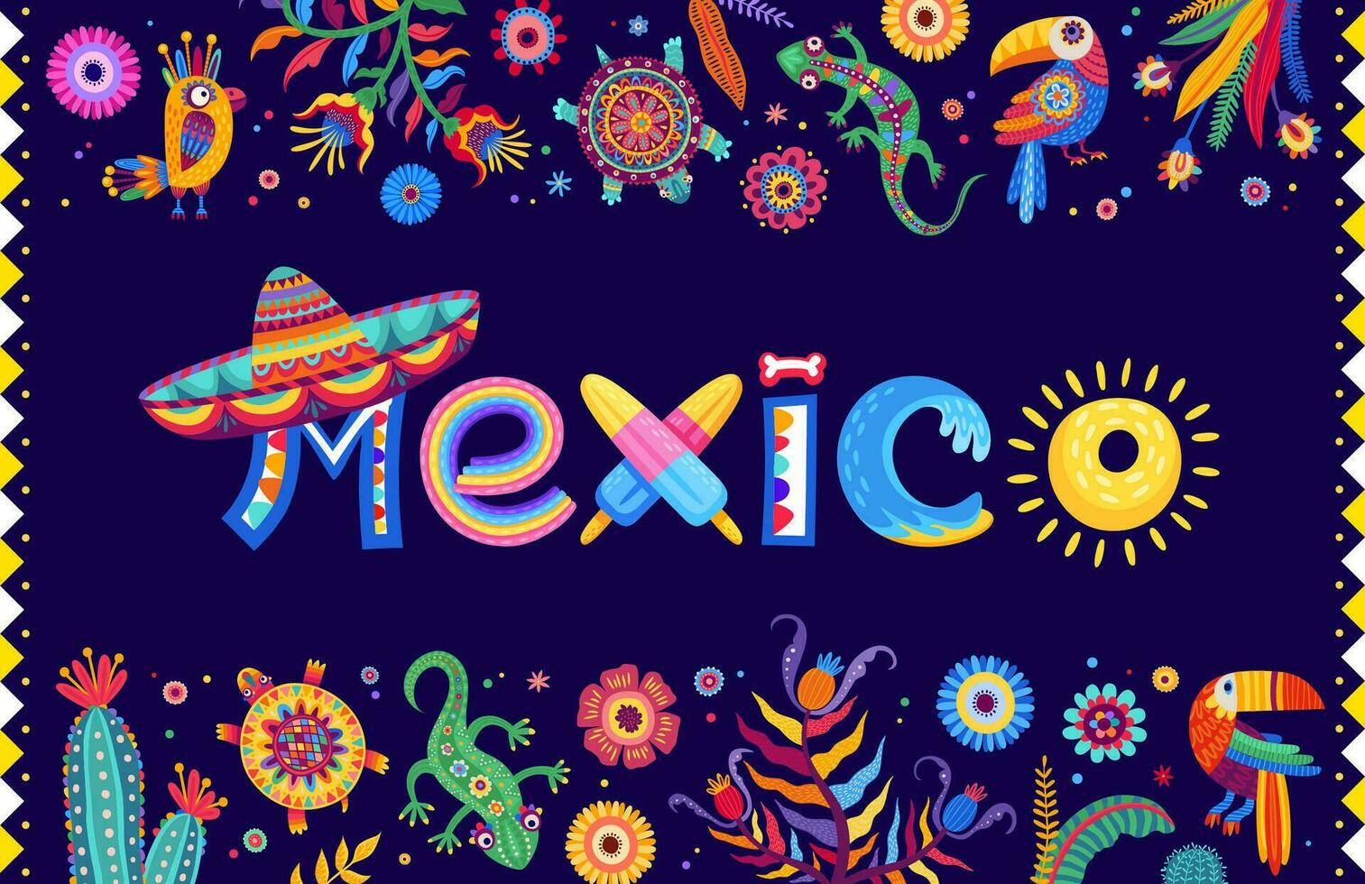 Mexiko Beschriftung Banner tropisch Blumen, Sombrero vektor