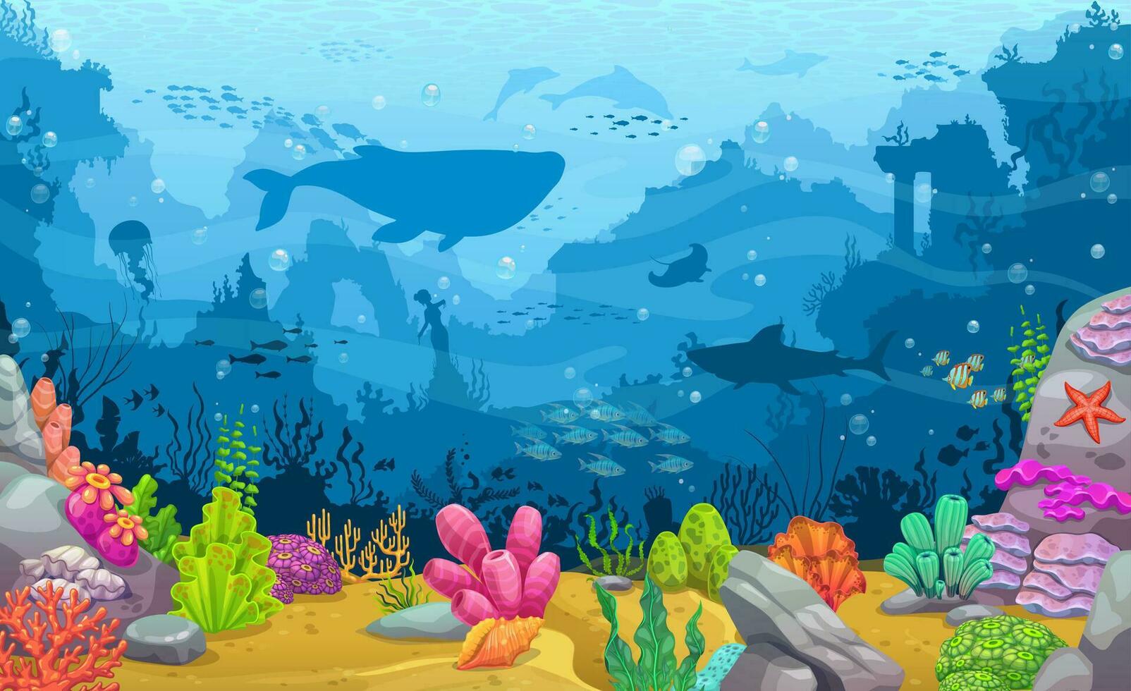 unter Wasser versunken Stadt mit Seetang und Meer Tier vektor