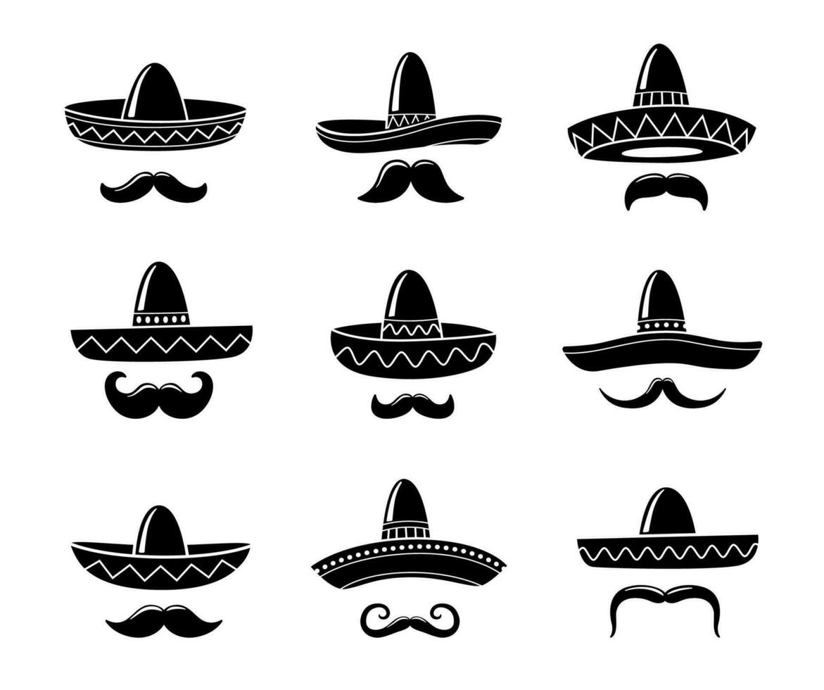 mexikansk mariachi sombrero hatt ikoner och mustascher vektor