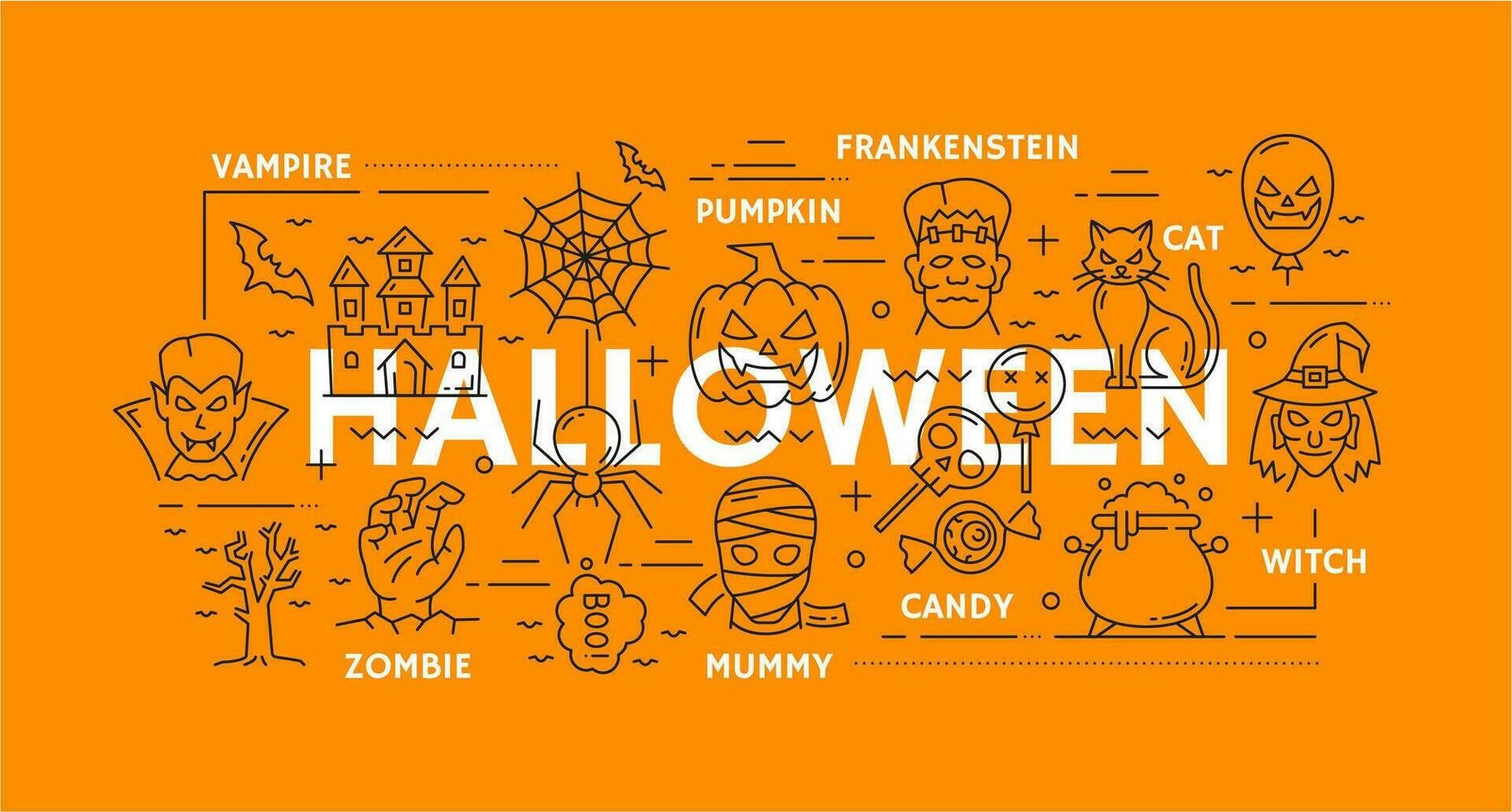 Halloween Urlaub Zeichen im Linie Kunst Banner vektor