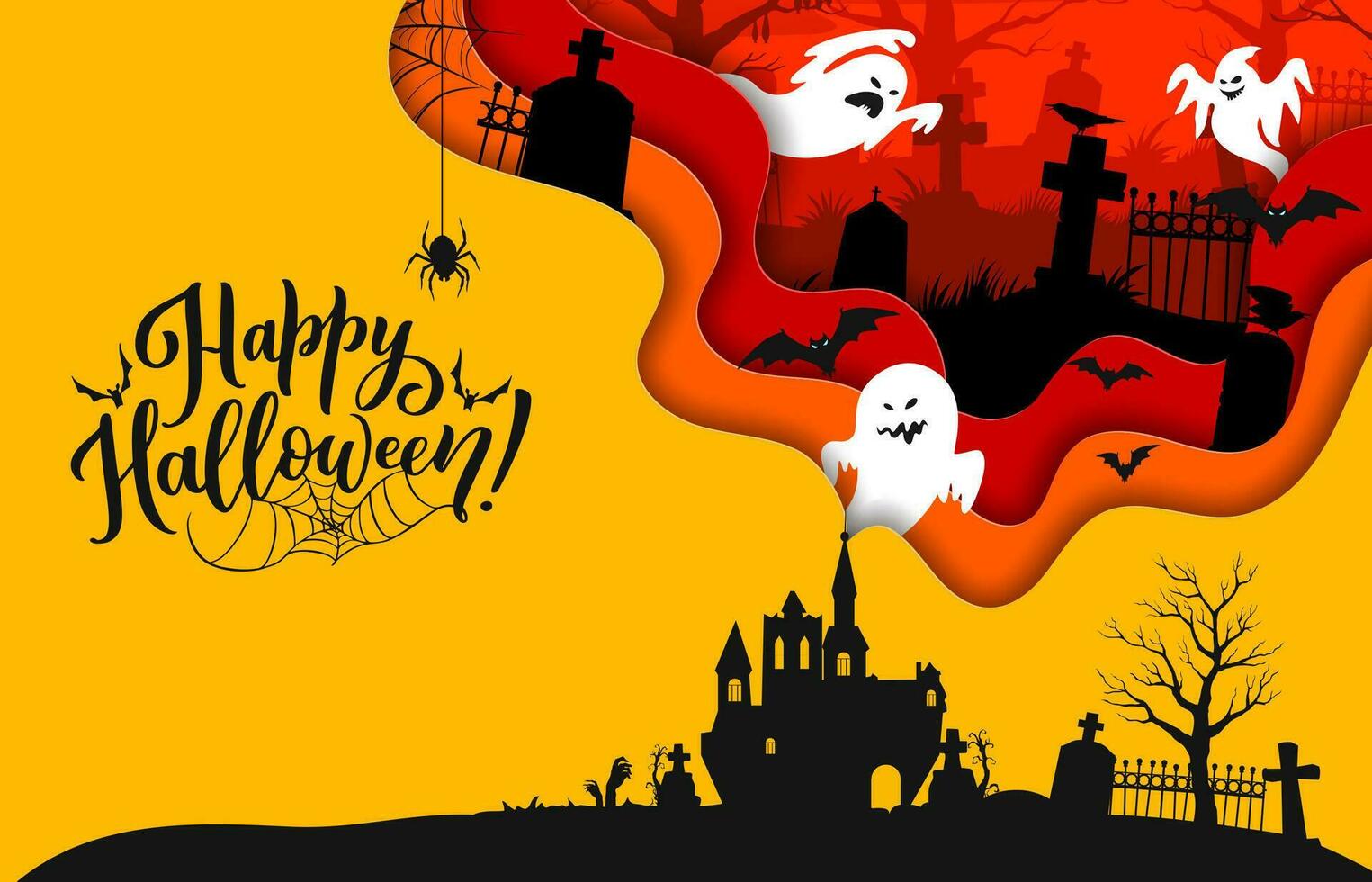 Halloween Papier Schnitt Banner mit Schloss und Geister vektor