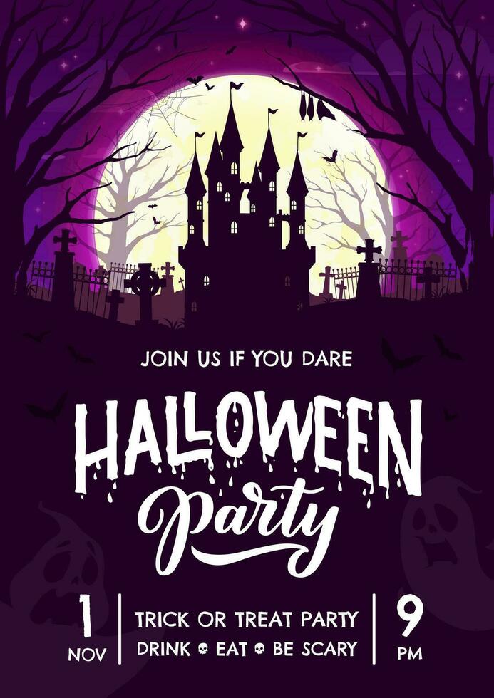 Halloween Party Flyer mit dunkel Schloss auf Friedhof vektor