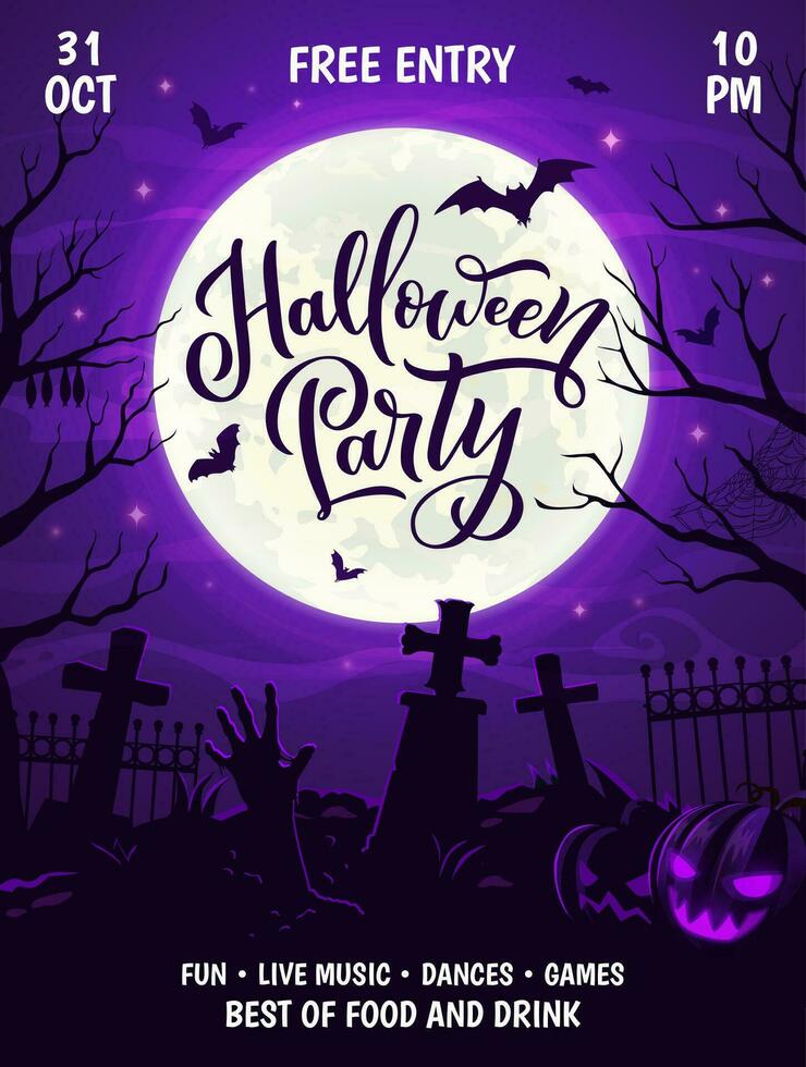 Halloween Party Flyer mit Friedhof, Zombie Hände vektor