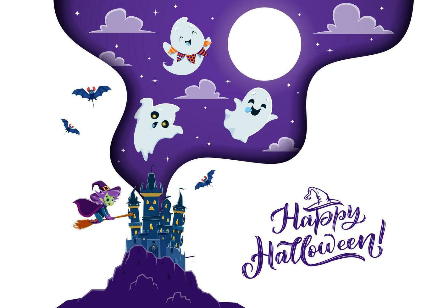 Halloween Papier Schnitt Banner mit dunkel Schloss, Hexe vektor