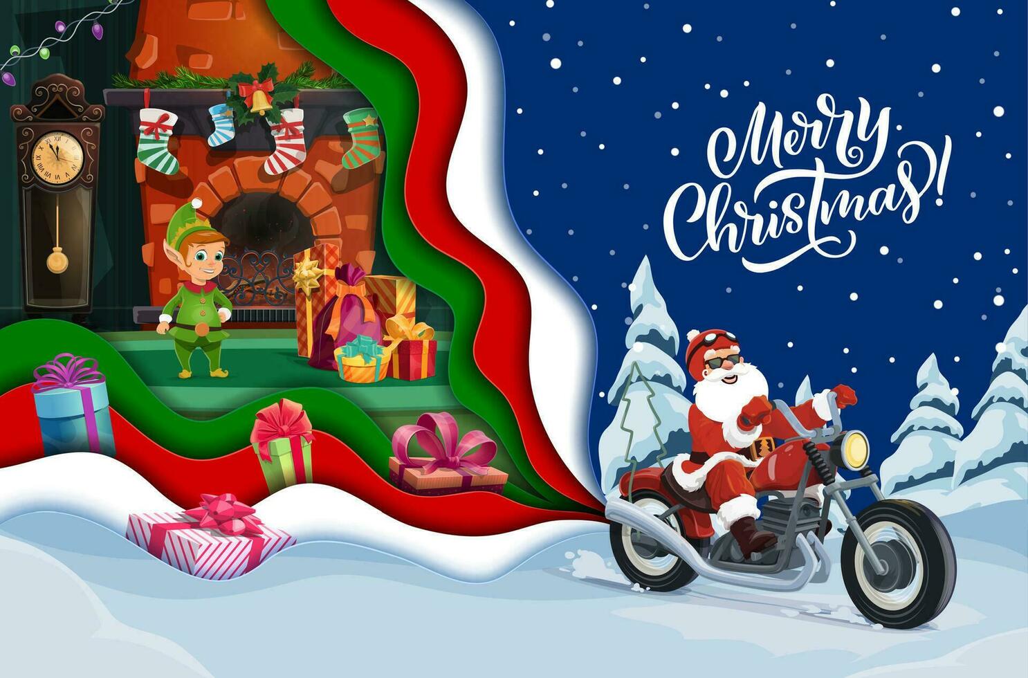 Weihnachten Papier Schnitt Karikatur Santa auf Fahrrad, Gnom vektor