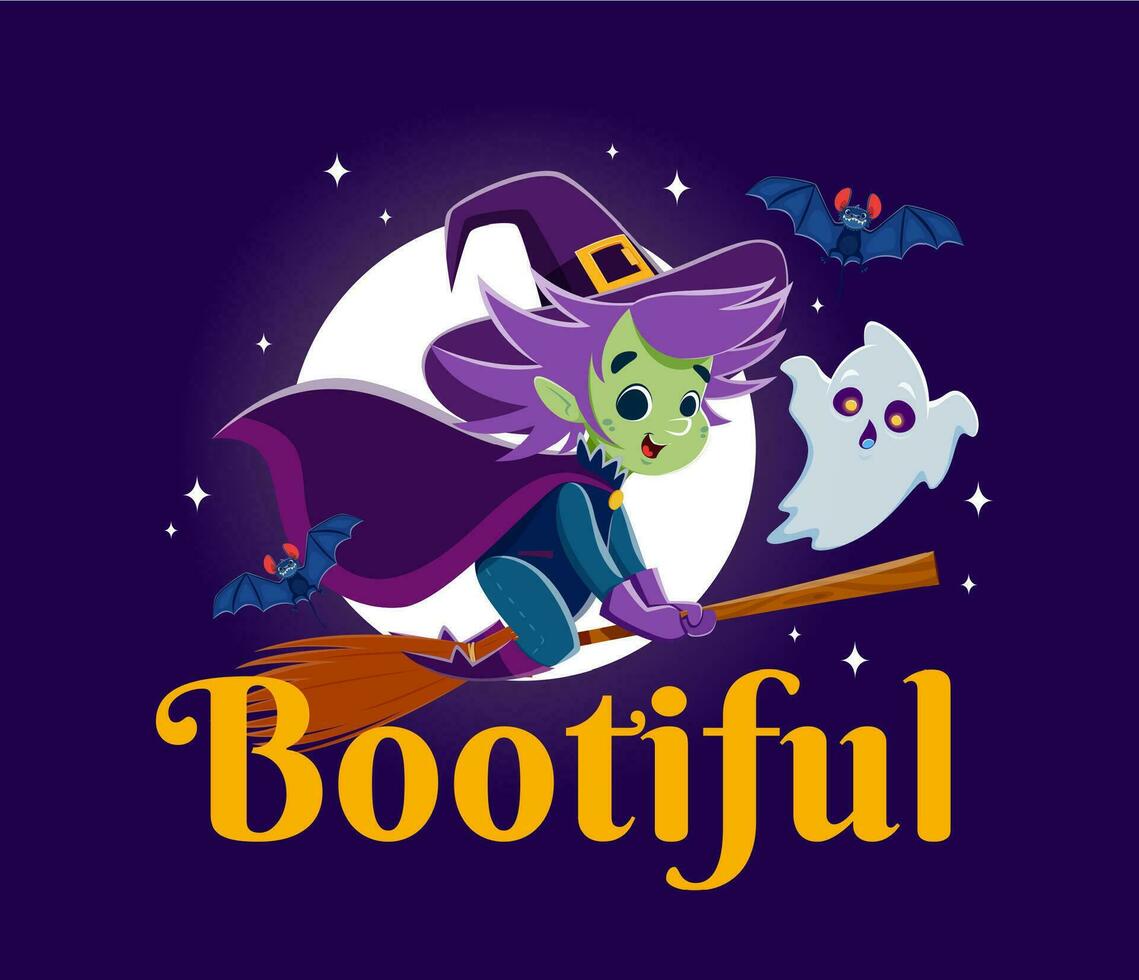 bootiful Halloween Zitat Karikatur Hexe auf Besen vektor