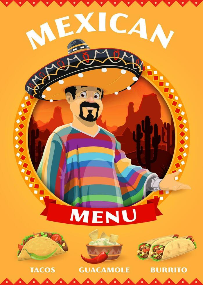 Mexikaner Charakter mit National Küche Essen Speisekarte vektor