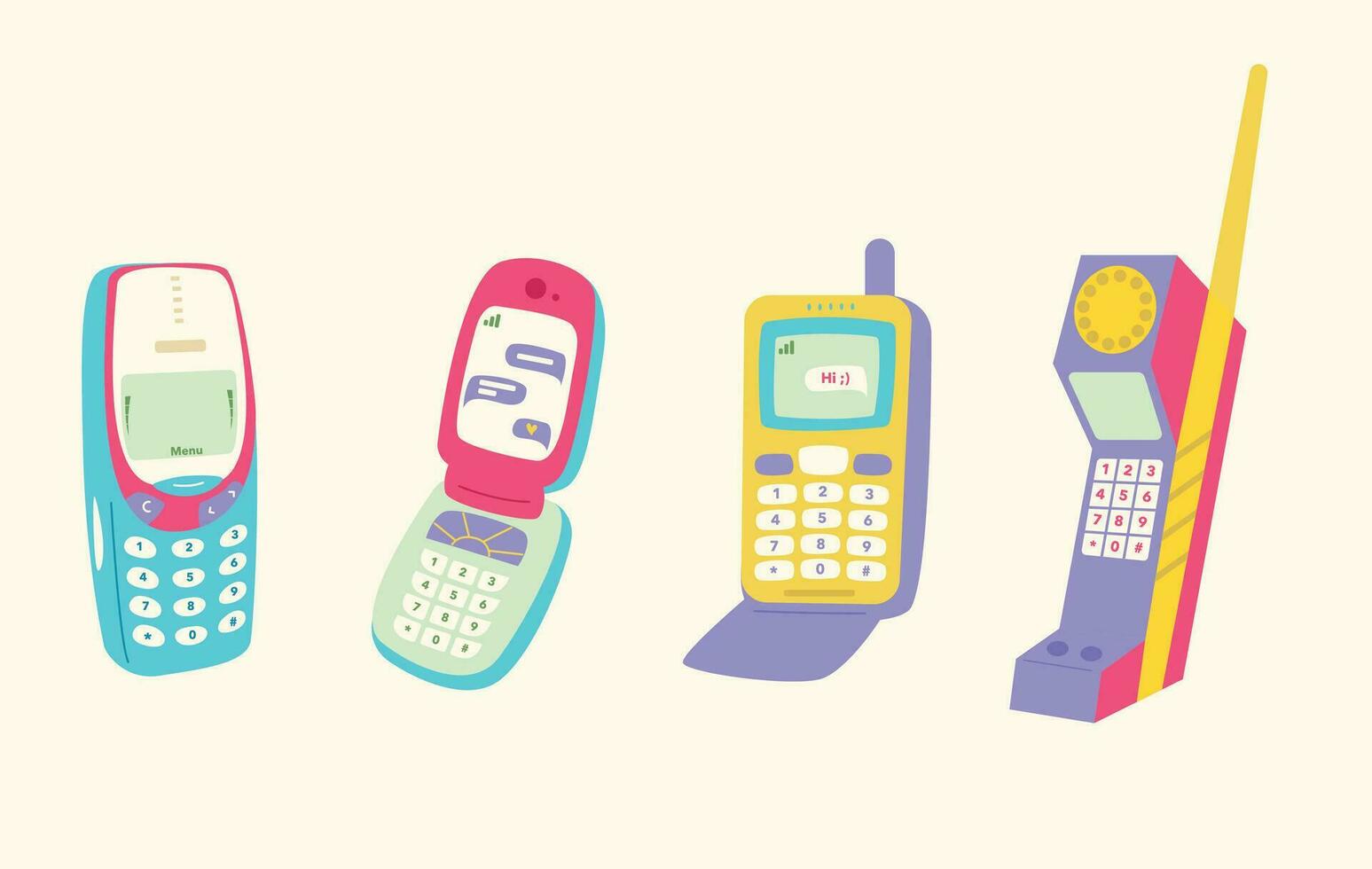 einstellen mit retro Handy, Mobiltelefon Telefon Geräte. Handy, Mobiltelefon Telefone mit Tasten. süß und stilvoll von 90er. Hand gezeichnet Vektor Illustration. Jahrgang Elektronik. Flip Telefon