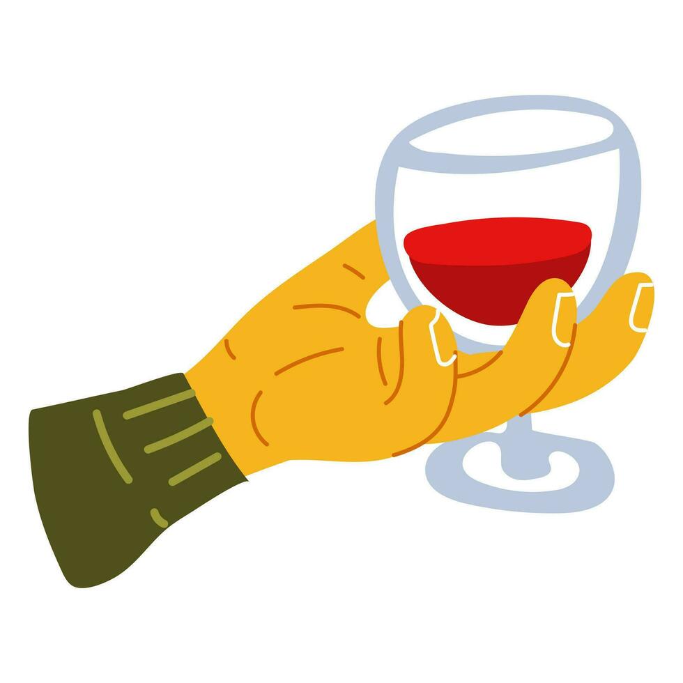 en hand innehav en glas av röd vin i en platt stil. ljus färger av de hand med en glas. en hand med en glas i en grön Tröja. festlig möte med vin, dricka, klirr glasögon, provsmakning vektor