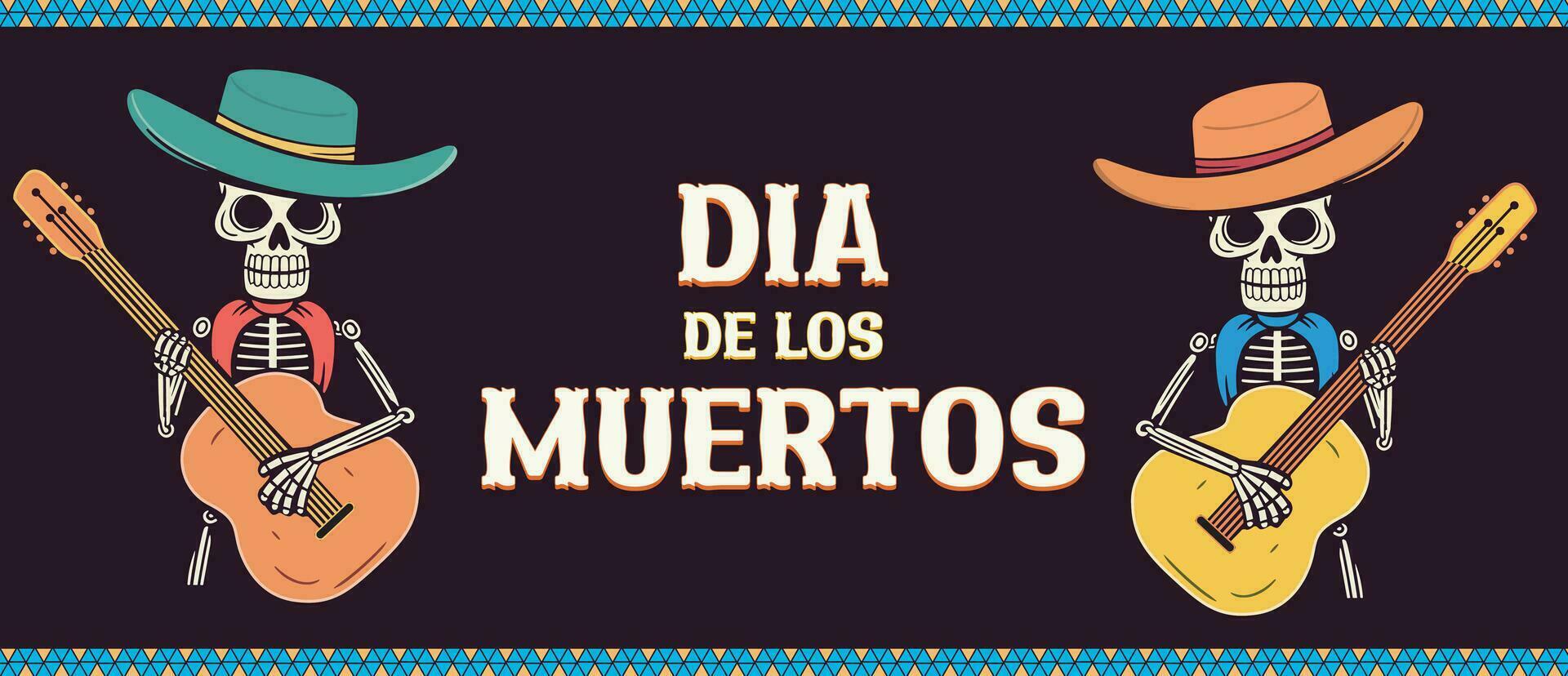 Tag von das tot Hintergrund. dia de los Muertos Mexikaner Schädel spielen ein Gitarre Urlaub Vorlage zum Flyer, Poster, Banner, Gruß Karte vektor