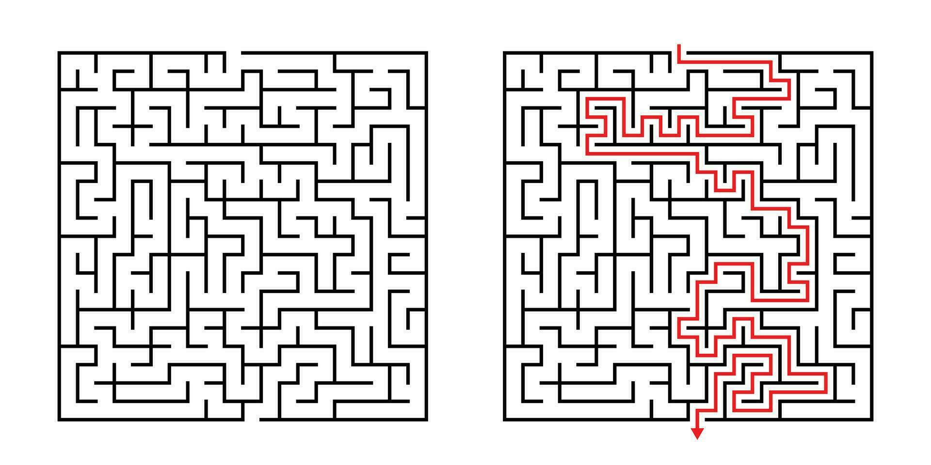 vektor fyrkant labyrint - labyrint med inkluderad lösning i svart röd. rolig pedagogisk sinne spel för samordning, problem lösning, beslut framställning Kompetens testa.