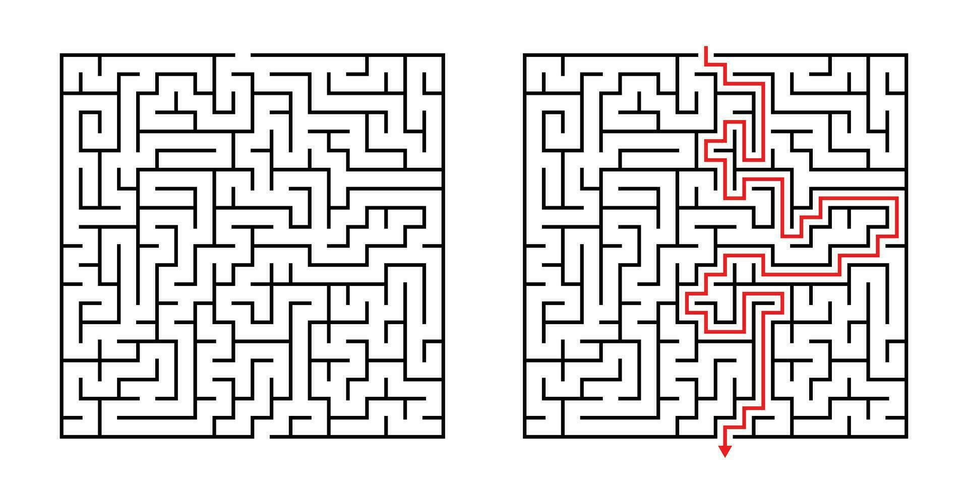 vektor fyrkant labyrint - labyrint med inkluderad lösning i svart röd. rolig pedagogisk sinne spel för samordning, problem lösning, beslut framställning Kompetens testa.