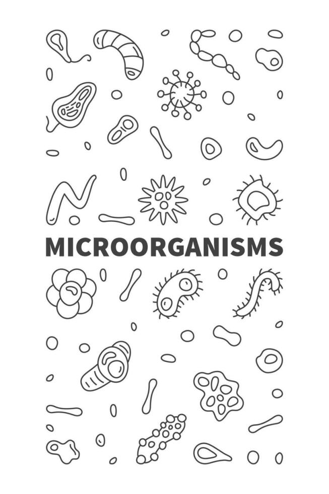 Mikroorganismen Vektor Mikro Organismen Konzept Linie Vertikale Banner mit Mikroorganismus Gliederung Symbole