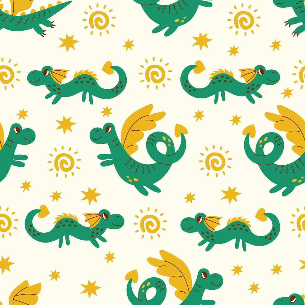 grön drake och Sol sömlös mönster vektor