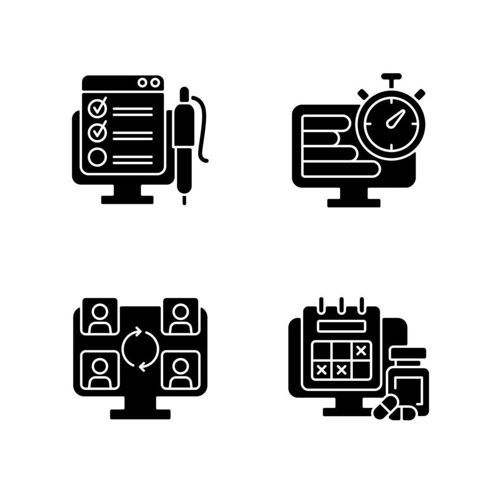 Tracking für Remote-Arbeit schwarze Glyphensymbole auf weißem Raum vektor