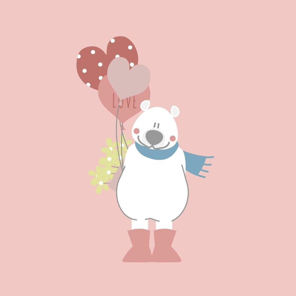 söt och härlig vit polär Björn med hjärta ballong och blomma, Lycklig valentines dag, kärlek begrepp, platt vektor illustration tecknad serie karaktär kostym design