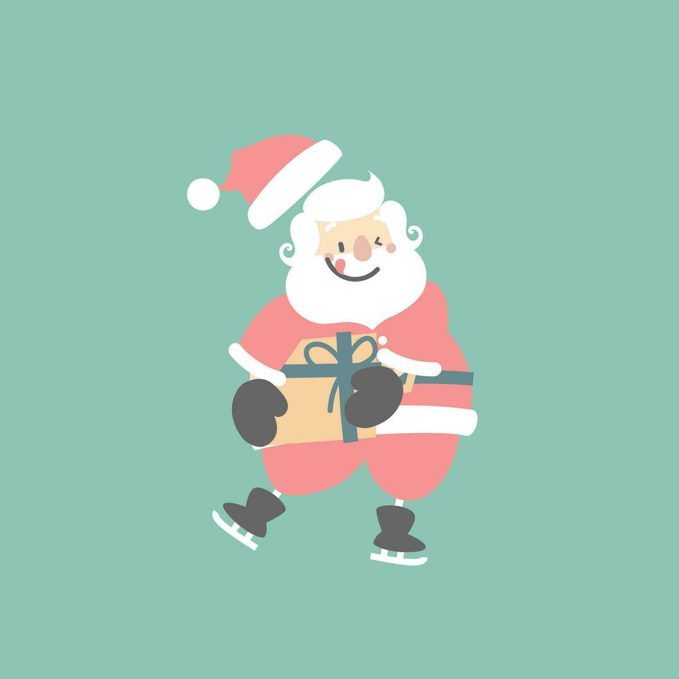 fröhlich Weihnachten und glücklich Neu Jahr mit süß Santa claus tragen Schlittschuh halten Geschenk Geschenk im das Winter Jahreszeit Grün Hintergrund, eben Vektor Illustration Karikatur Charakter Kostüm Design