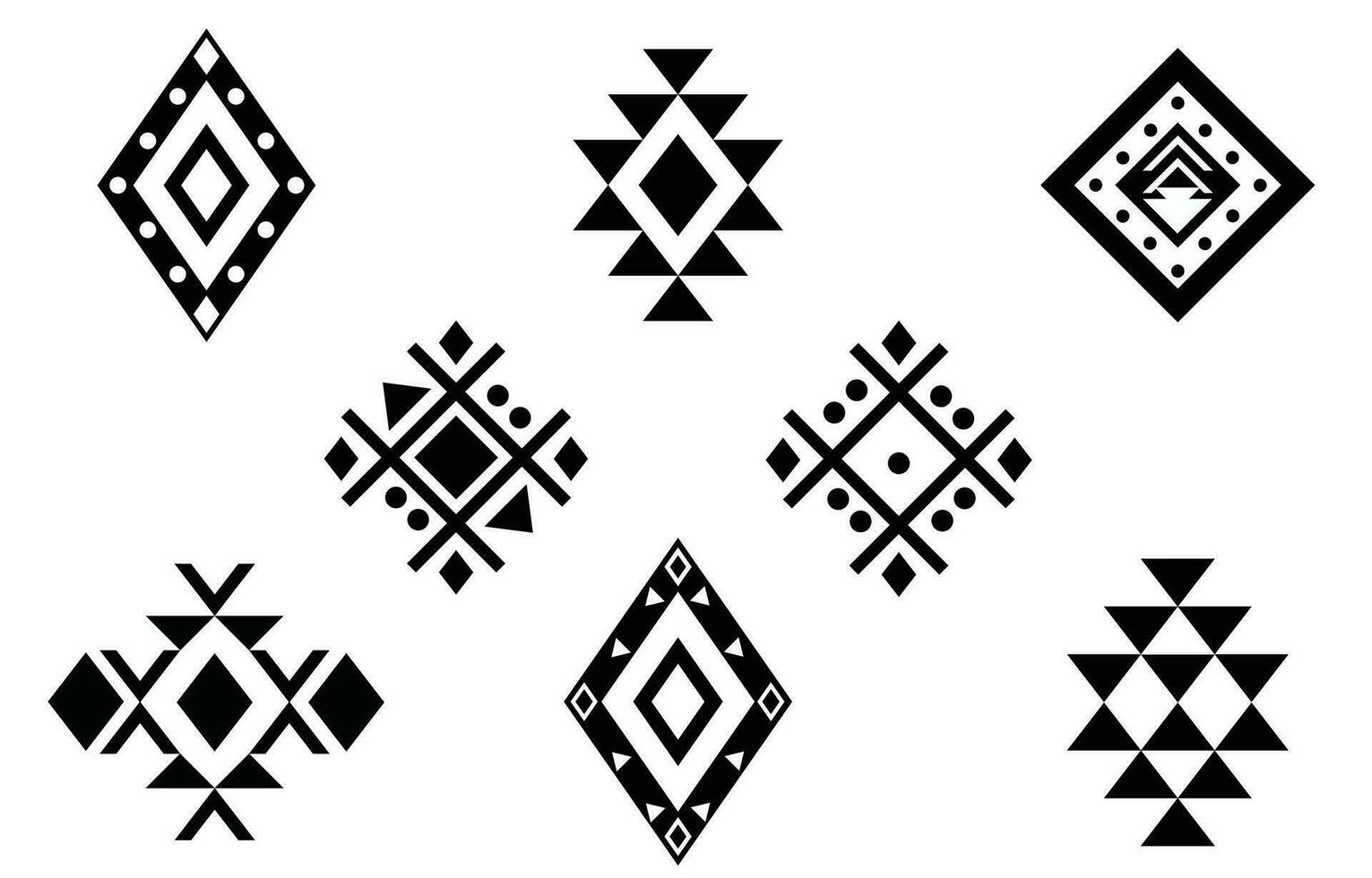 orientalisk etnisk mönster. uppsättning av etnisk ornament. stam- design, geometrisk symboler för tatuering, logotyp, kort, tyg dekorativ Arbetar. traditionell skriva ut vektor illustration. på vit bakgrund.