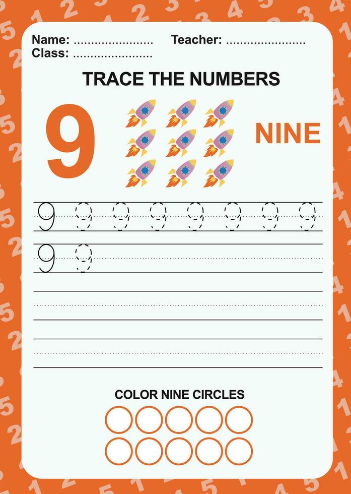 Spur und schreiben Nummer zum Kinder. Übung zum Kinder zu erkenne das Nummer. lehrreich Arbeitsblatt zum Vorschule vektor