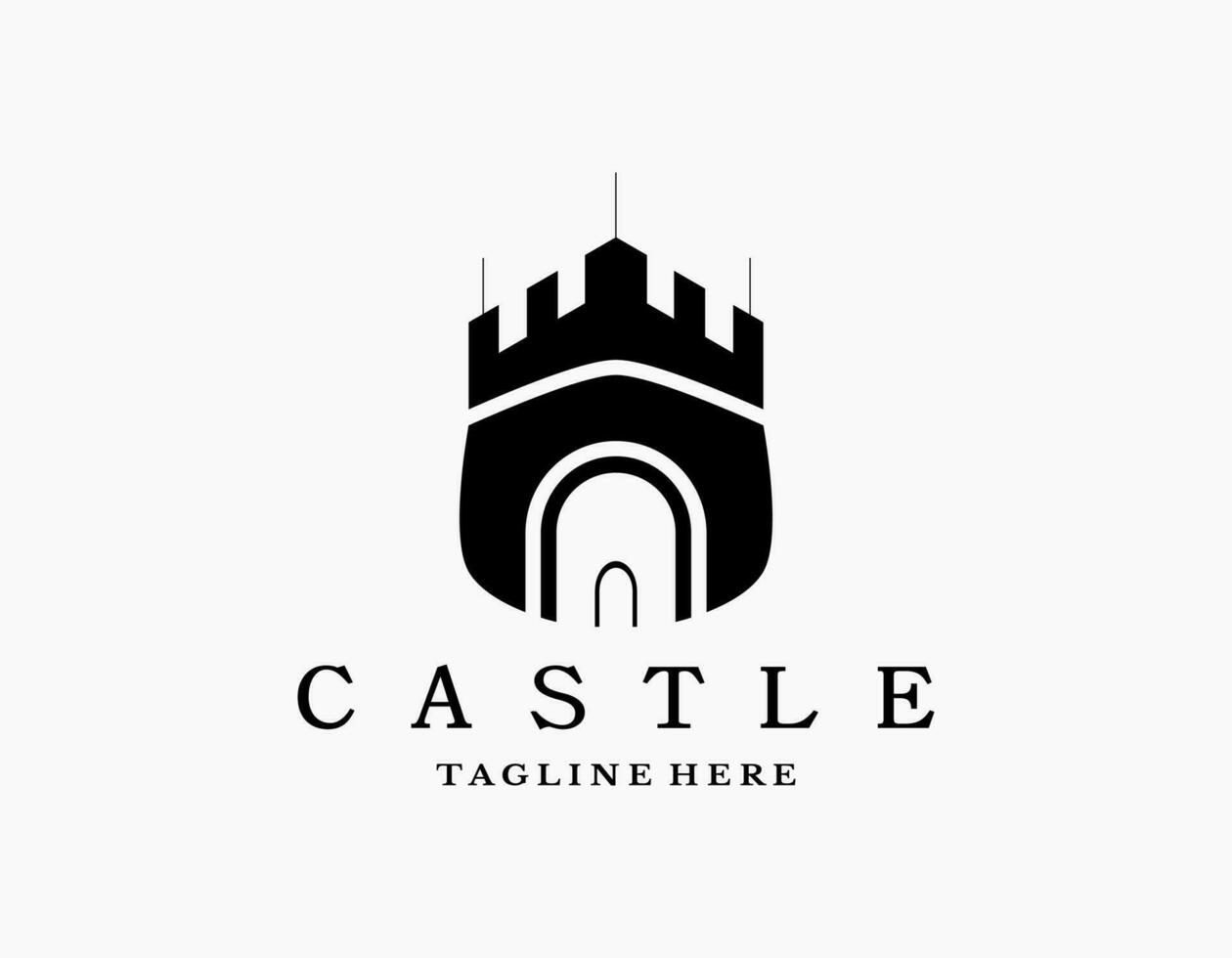 enkel slott logotyp ikon. elegant design av palats eller fästning med svart och vit. torn silhuett med flaggor. lämplig för museer, stämplar, vykort. vektor