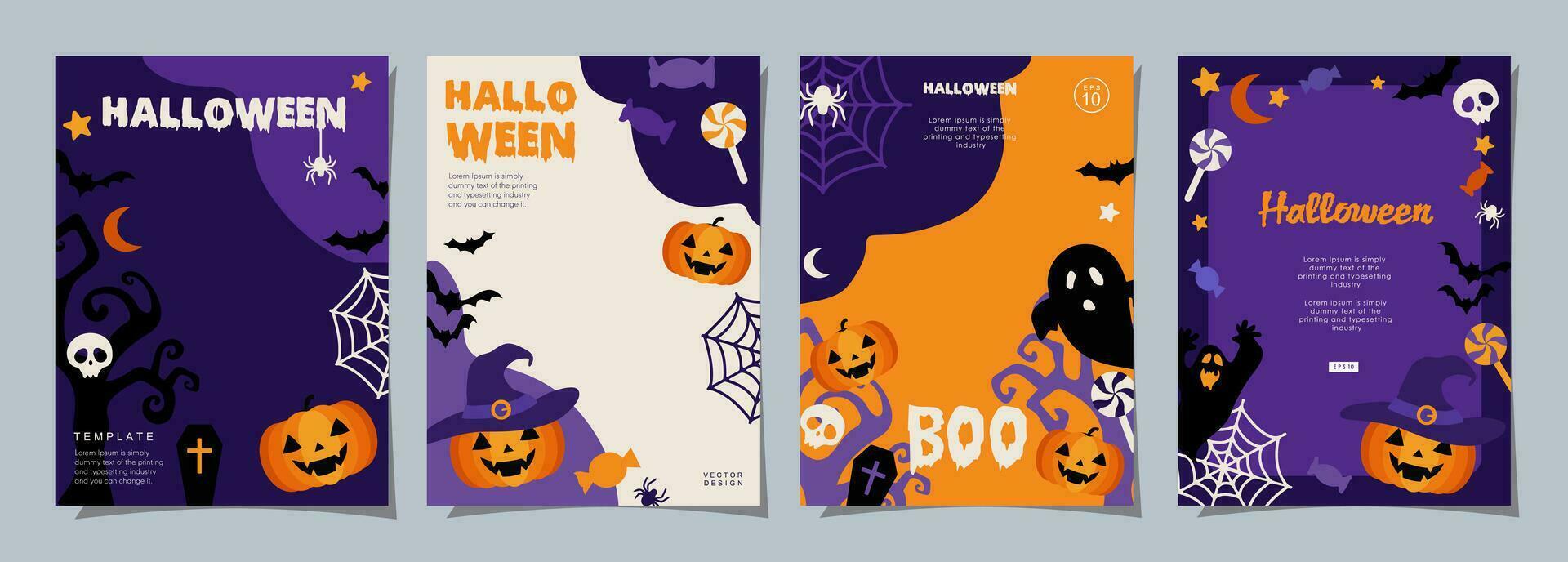 halloween banderoller uppsättning, fest inbjudan bakgrund med moln, fladdermöss och pumpor i platt design för baner, omslag, utskrift och social media posta. vektor illustration.