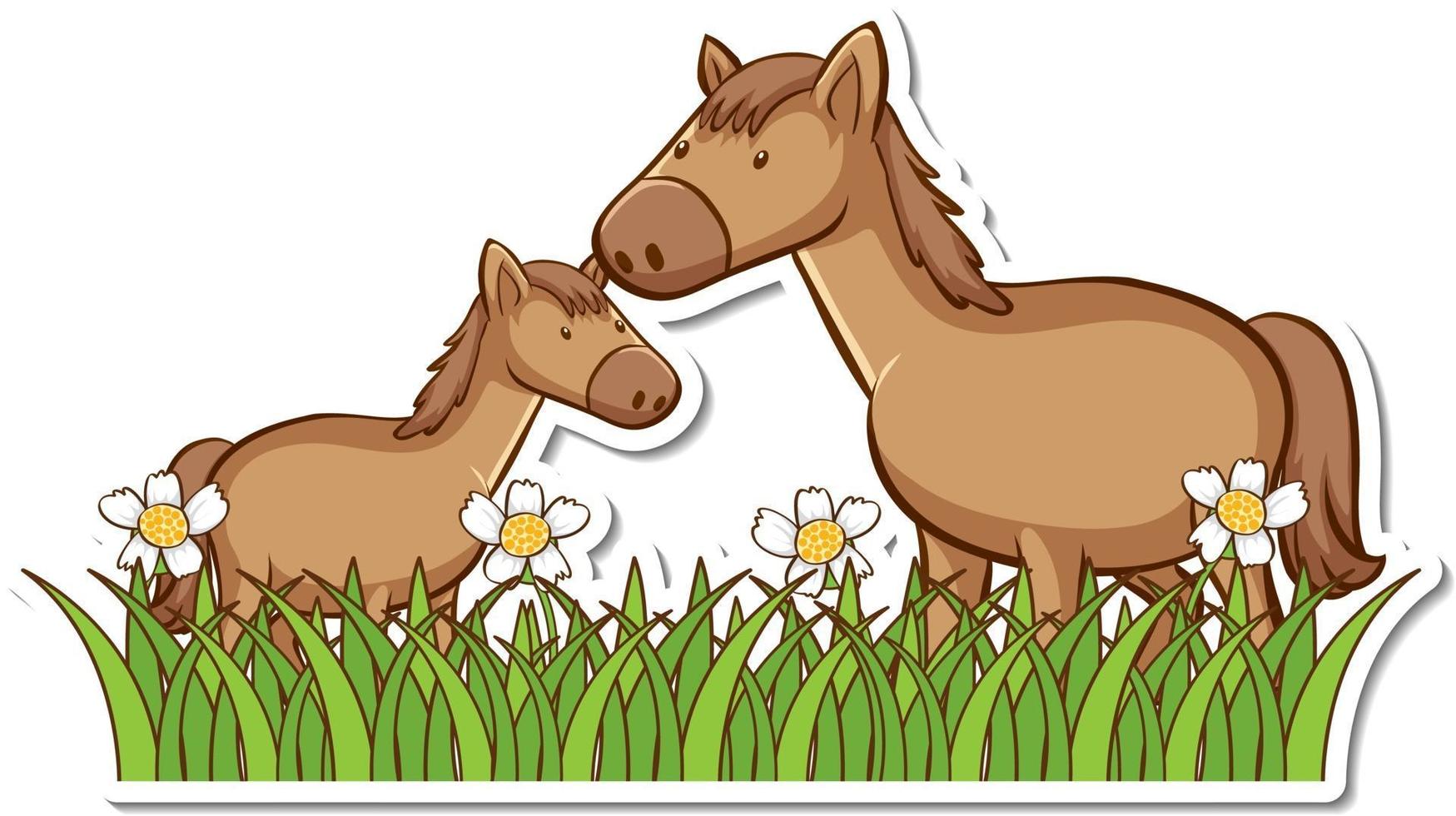 två hästar i gräsplan med många blommor klistermärke vektor