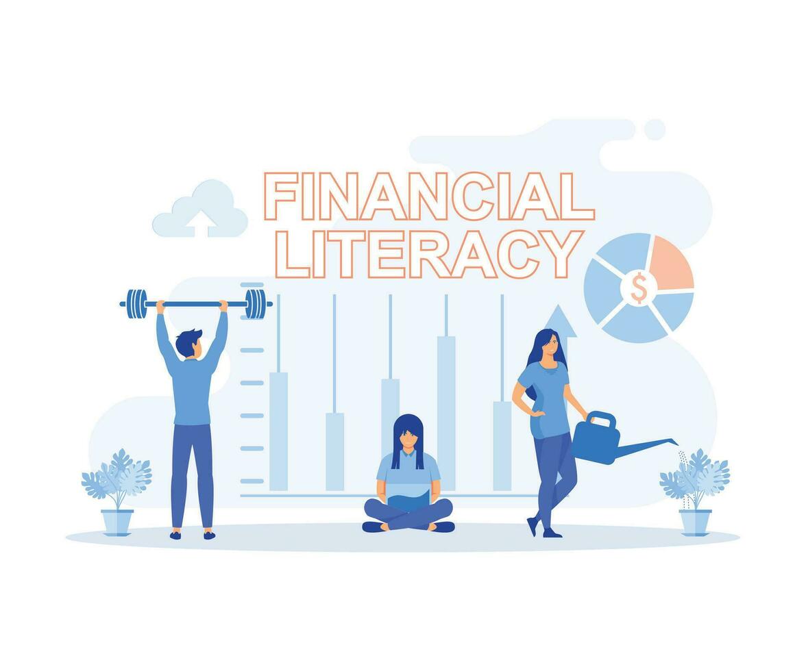 finansiell läskunnighet. modern finansiell utbildning. ung män och kvinnor tecken i annorlunda rörelser runt om ord finansiell läskunnighet. platt vektor modern illustration