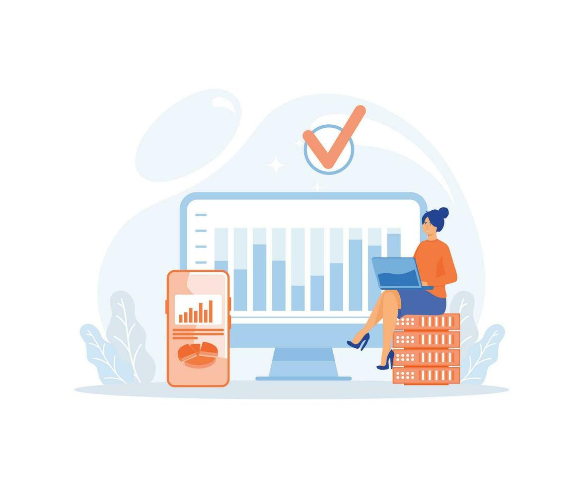 stor data och moln datoranvändning, företag tecken använder sig av avlägsen servrar till analyserar stor uppsättningar av data och känna igen misstag, platt vektor modern illustration