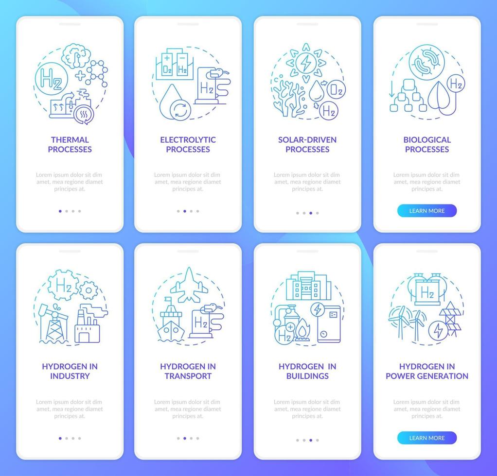Onboarding der mobilen App-Seitenbildschirme für die Wasserstoffproduktion eingestellt vektor