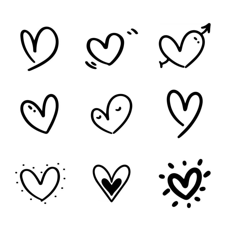 uppsättning av nio klotterhjärta med handritad stil vektor