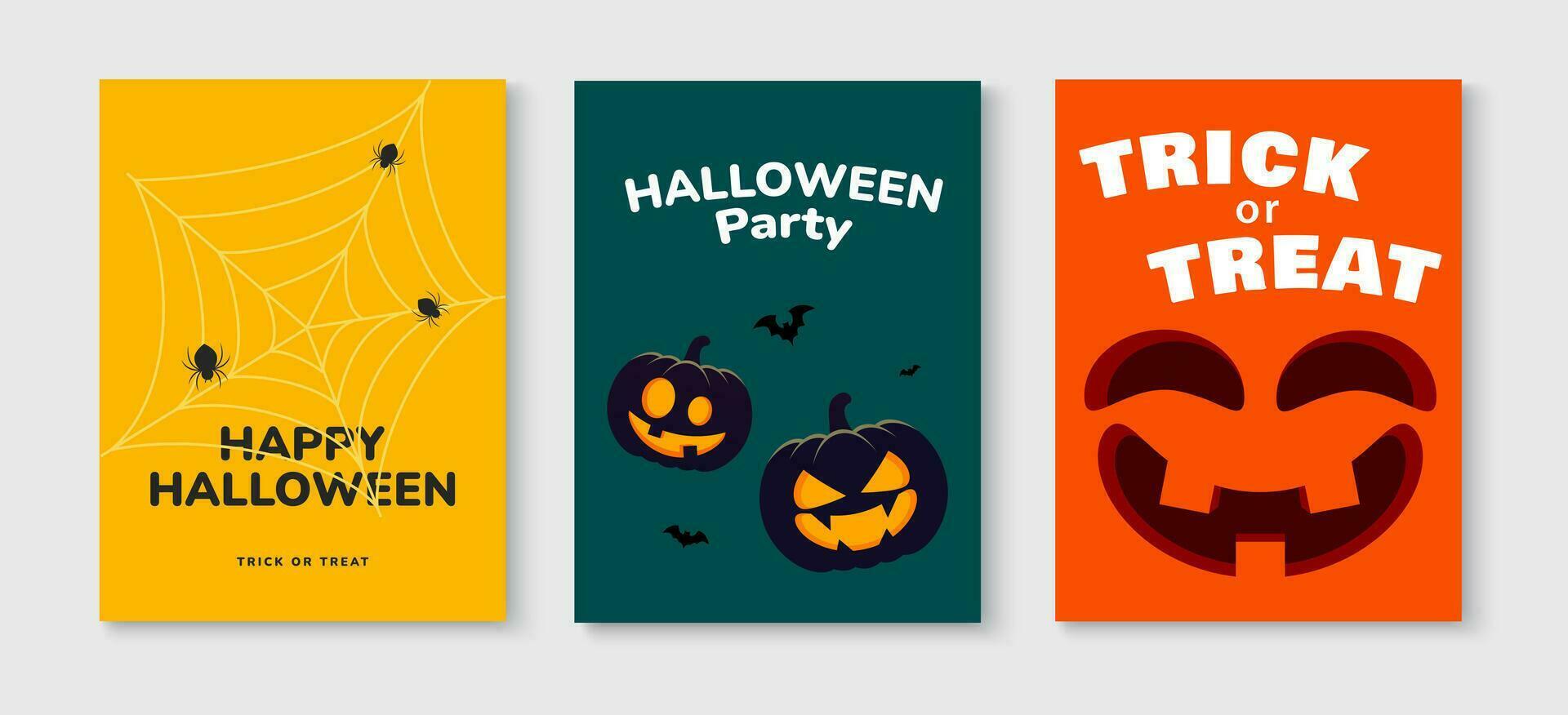einstellen von glücklich Halloween Gruß Karten. Feier Party Einladung Poster Vorlage Design. minimalistisch Startseite Hintergrund. Vektor Illustration