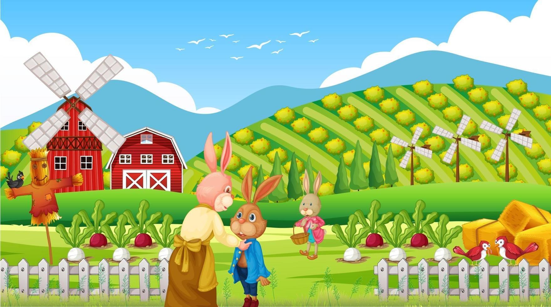 Bauernhofszene tagsüber mit Kaninchenfamilie vektor
