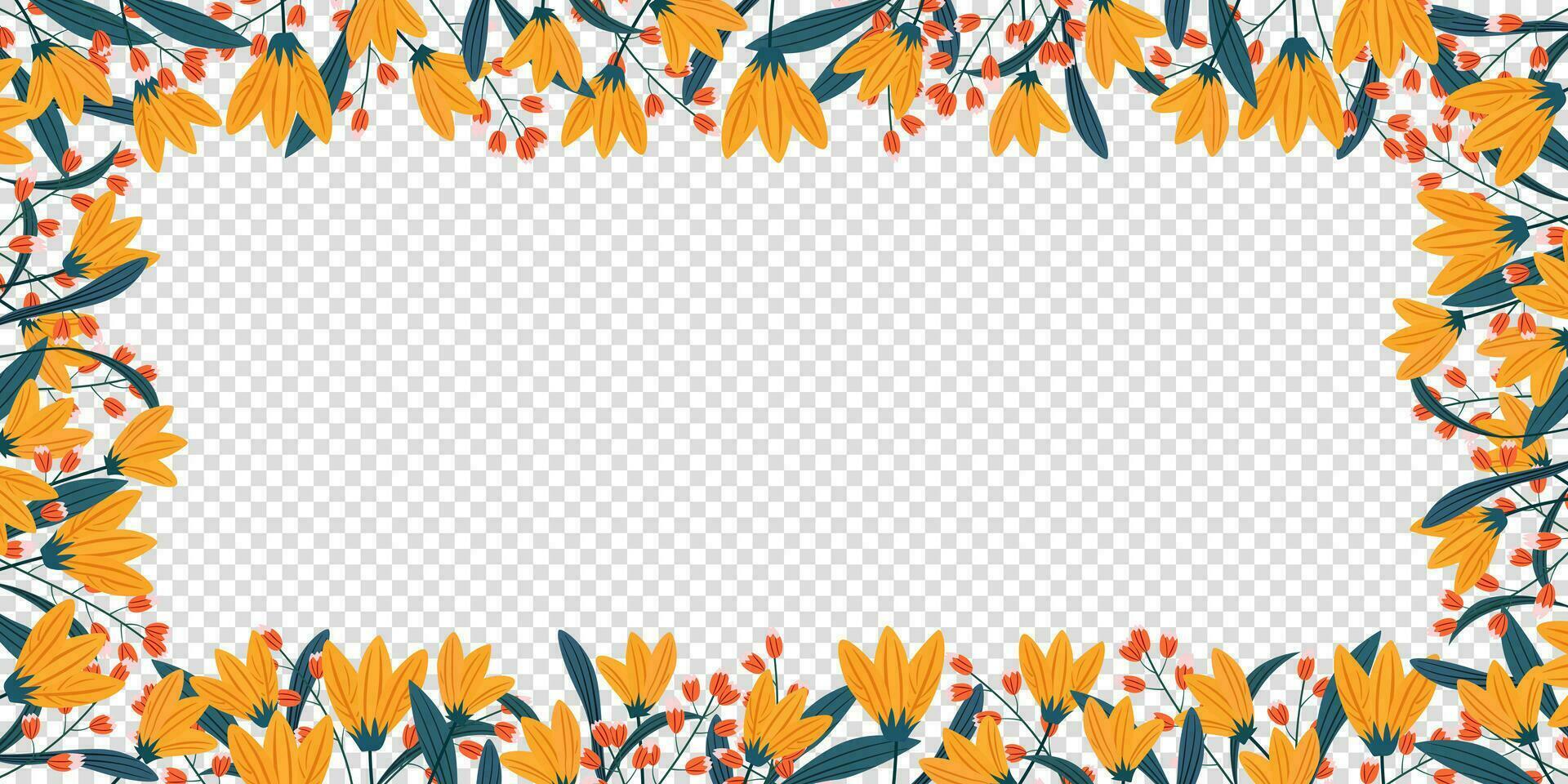 ram av blad och gul, orange blomma för firande kort baner mall bakgrund. abstrakt och blommig design i klotter stil vektor