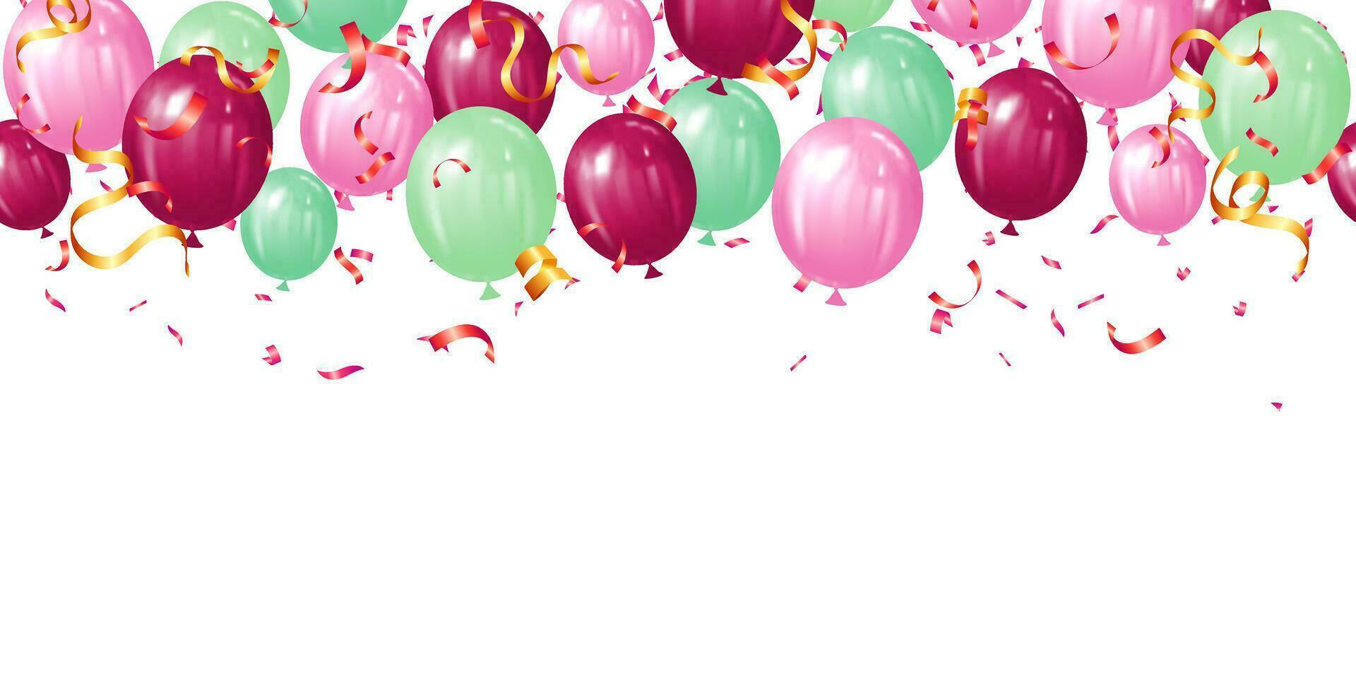 Lycklig födelsedag fest, bröllop, befordran, baner eller affisch med rosa och grön realistisk ballonger illustration vektor