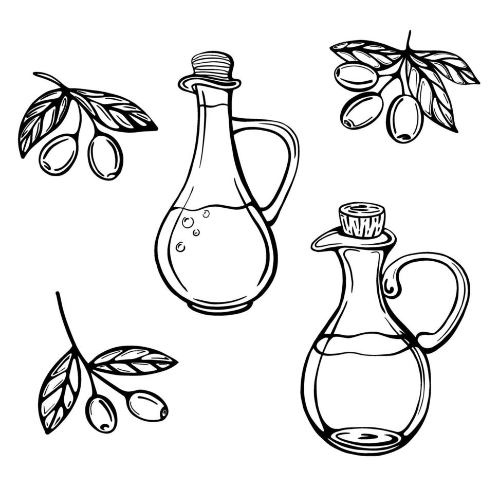 uppsättning olivgrenar och flaskor med olivolja vektor