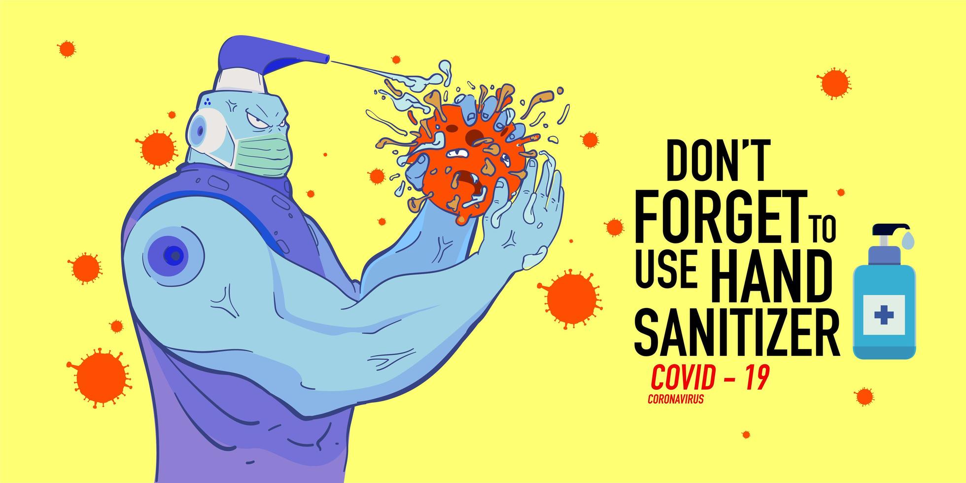 Karikaturillustration des Händedesinfektionsmittel-Superheldenangriffs Corona-Virus vektor