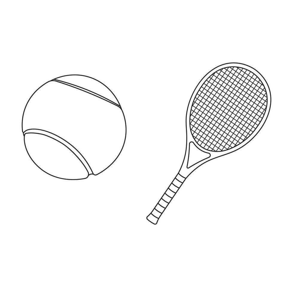 hand dragen tecknad serie vektor illustration tennis boll och racket sport ikon isolerat på vit bakgrund