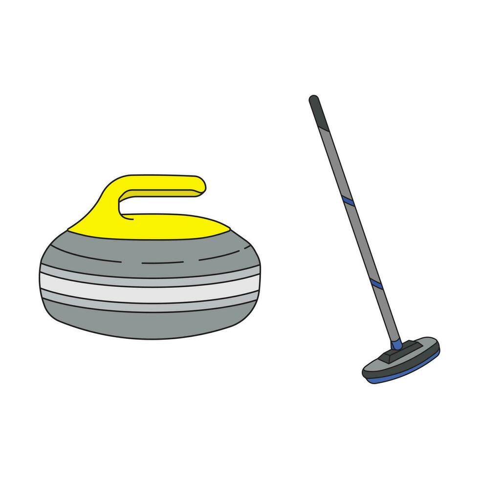 tecknad serie vektor illustration curling sport, sten, och kvast ikon isolerat på vit bakgrund