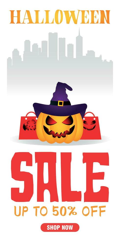 halloween försäljning vit affisch, baner med rolig pumpa och paket. försäljning upp till 50 av. försäljning halloween grafisk design vektor