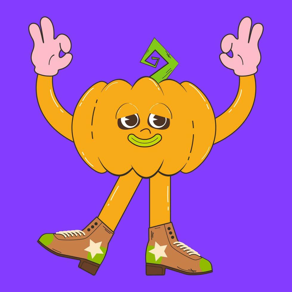 söt pumpa karaktär för halloween i retro tecknad serie stil. groovvy stil pumpa maskot vektor illustration.