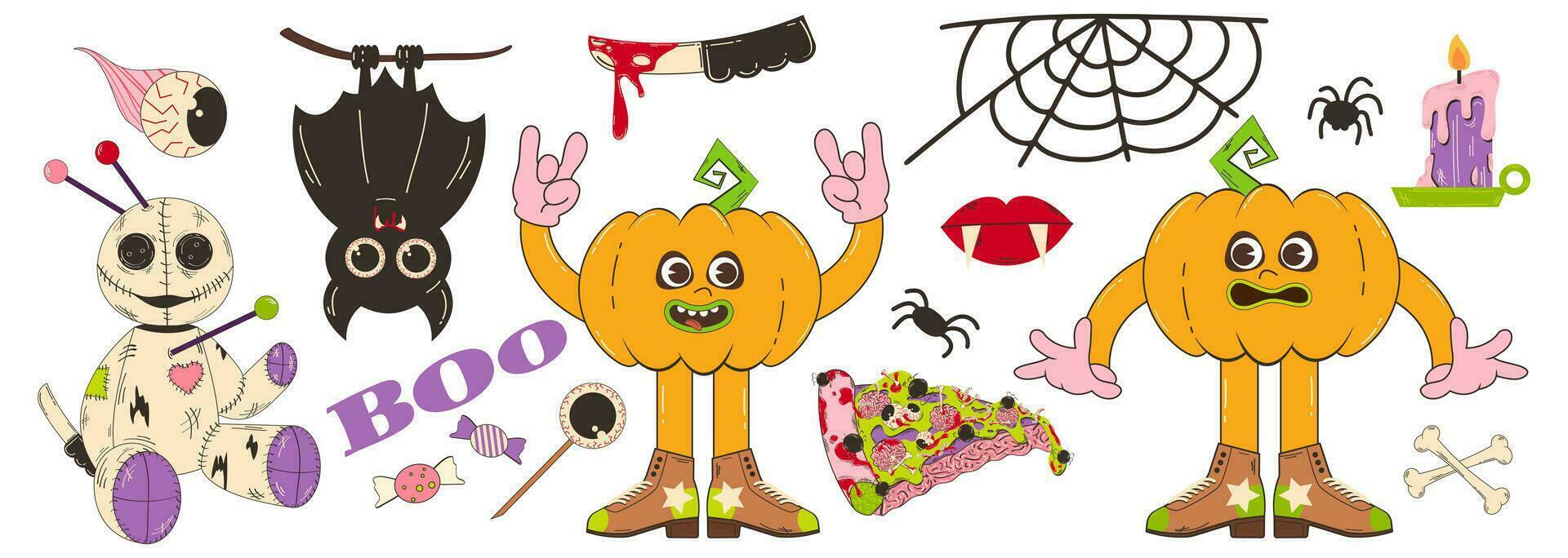 uppsättning av element för halloween i retro tecknad serie stil. vektor karaktär illustration av pumpa, spöke, skrämmande docka, TV monster och Övrig element.