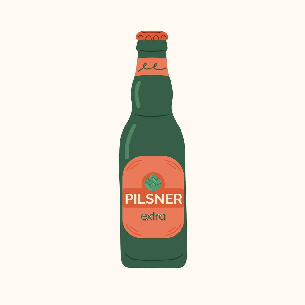 Grün Glas Bier Flasche. Pilsner, Kunst Bier Hand gezeichnet Illustration. erfrischend alkoholarm kalt trinken. Design Elemente zum Speisekarte Restaurant, Bar, Kneipe. vektor